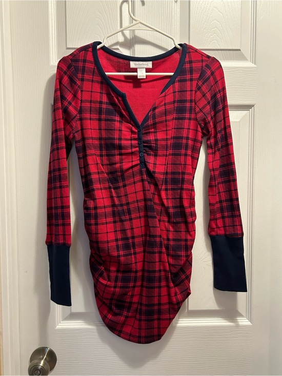 Motherhood Dresses & Skirts - Motherhood Red and Black Plaid Maternity Henley Top with Navy Trim